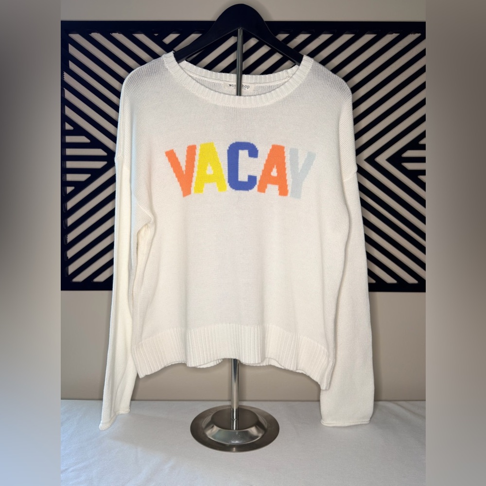 Workshop Republic Clothing White Sweater with Multicolor VACAY Letters - Picture 2 of 6